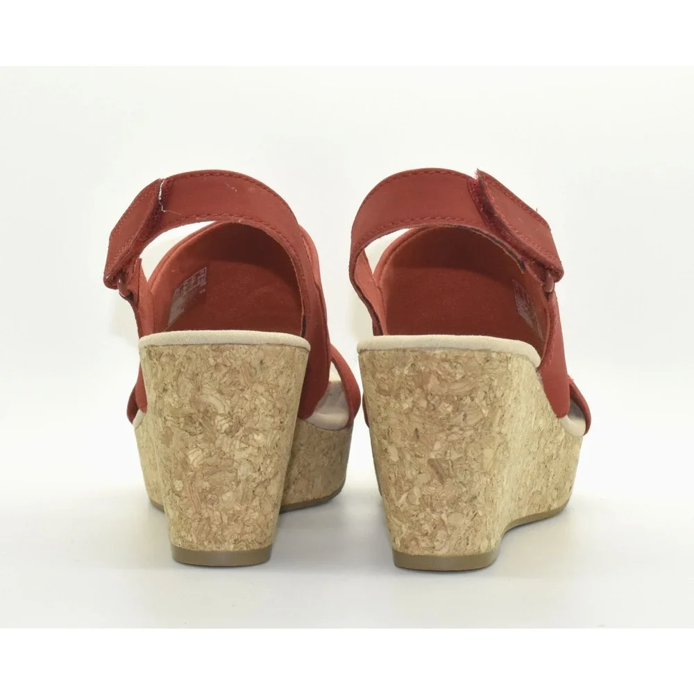 A6 NWOB CLARKS Annadel Red Nubuck Cork Platform Wedge Slingback Sandals Size 8 W